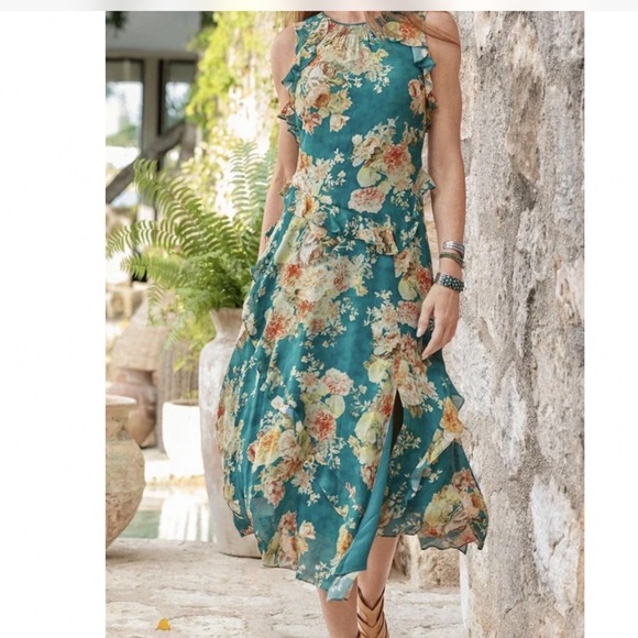 Sundance Womens Dress Size Large Faye Floral Sleeveless Ruffle Midi Teal Green - Picture 5 of 5